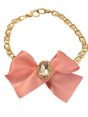 Pearlella Luxe Pearl, Silk Bow and Gold Chain Dog Necklace-0